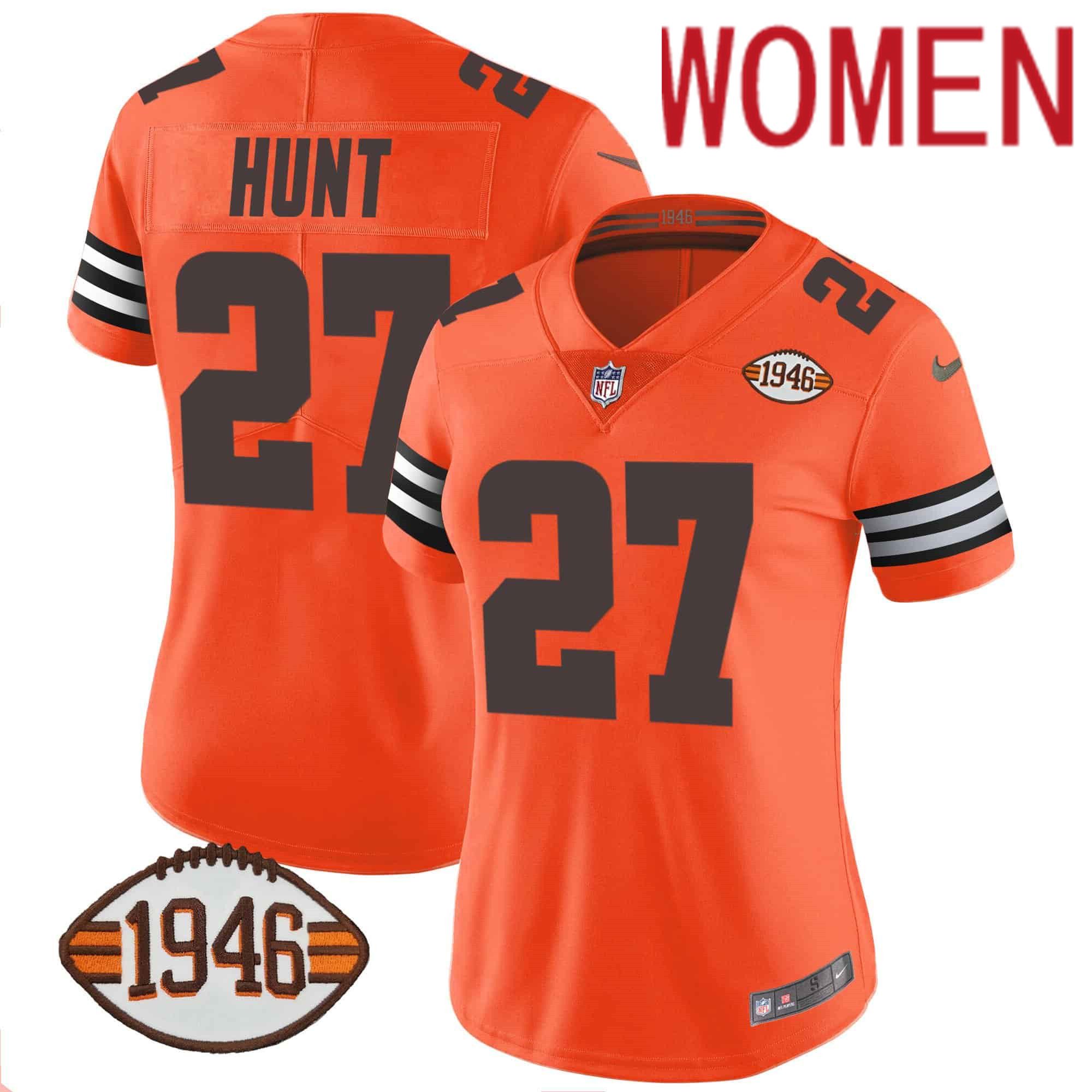 Women Cleveland Browns #27 Hunt Orange 1946 75th Anniversary Patch 2024 Nike NFL Jersey